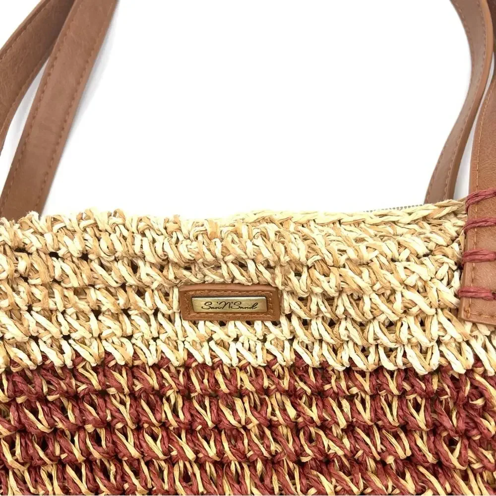 SUN N' SAND - Raffia Tote Bag Boho beach bag NWT faux leather strap